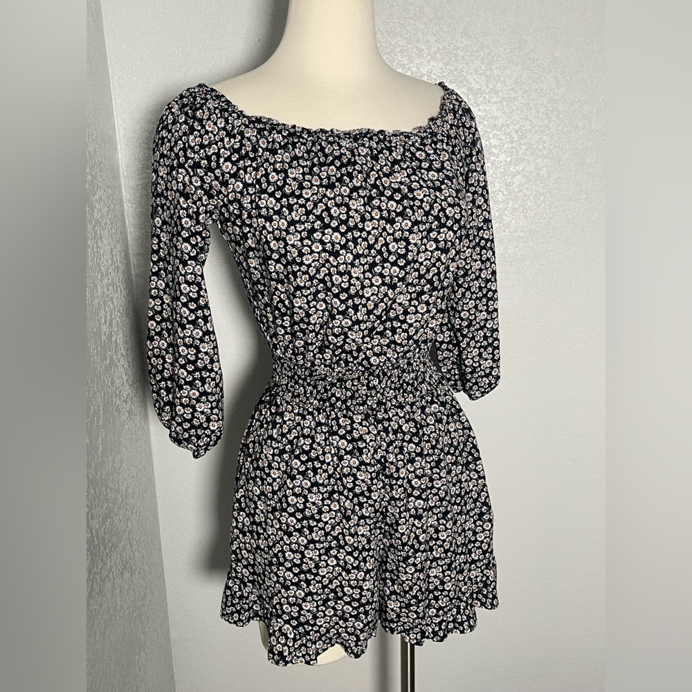 Hollister Black and White Floral Jumpsuit with 3/4 Sleeves